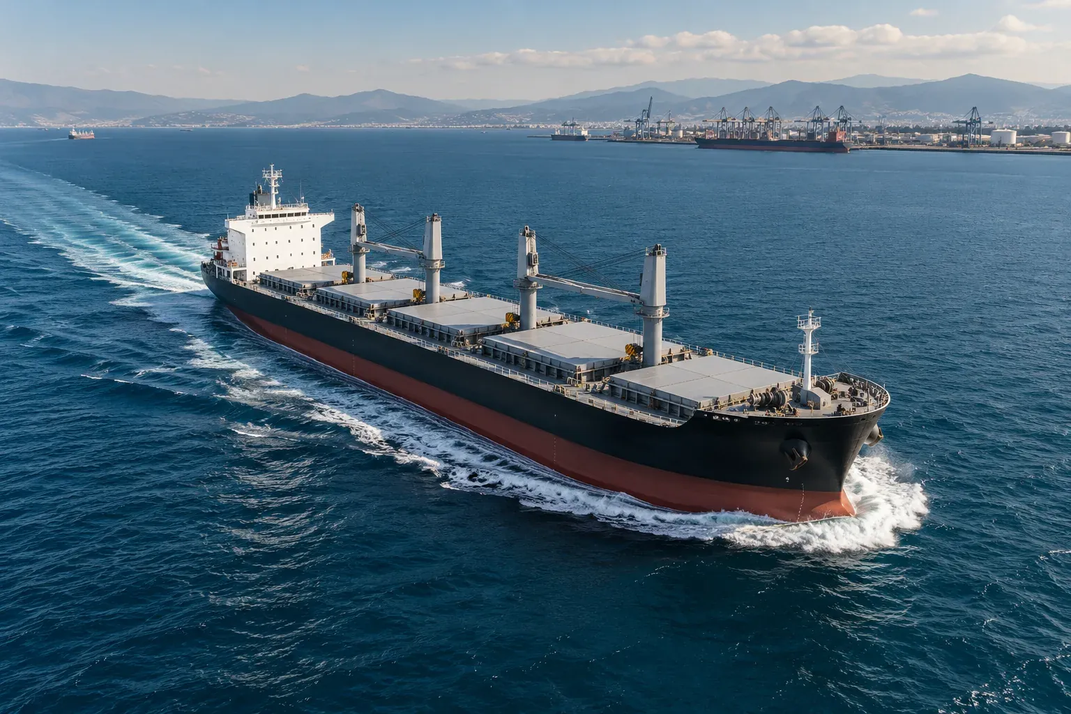Illustration of a cargo vessel at sea near a commercial port