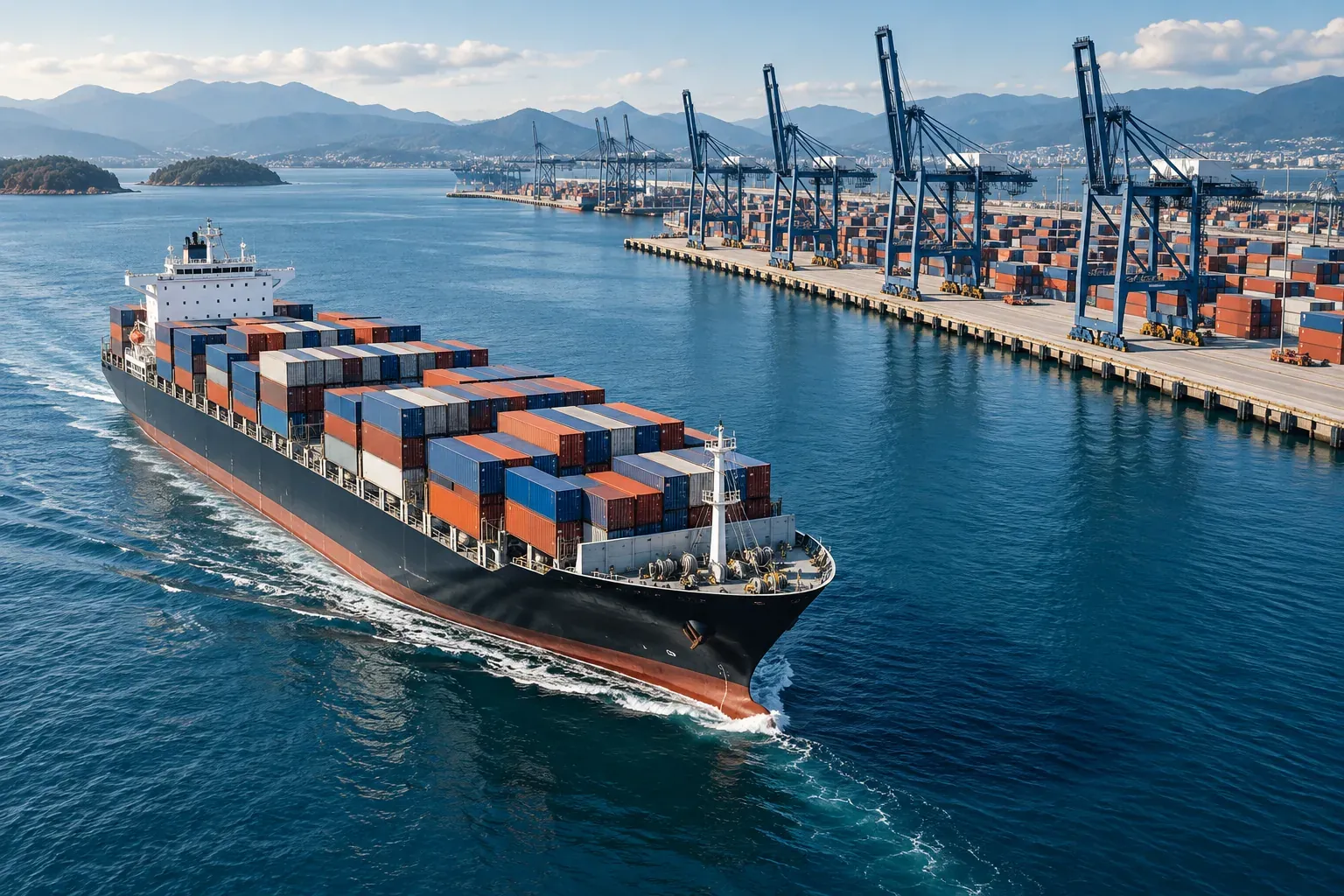 Illustration of a cargo vessel approaching a container port