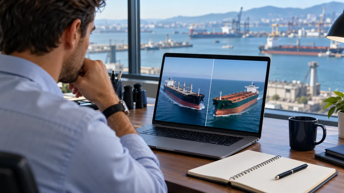 Illustration of an analyst comparing vessel photographs on a laptop.