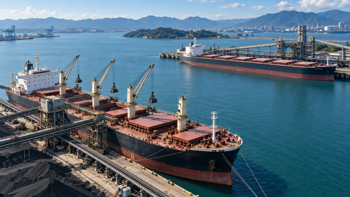 Illustration of a geared bulk carrier in the foreground and a gearless vessel at a separate berth.