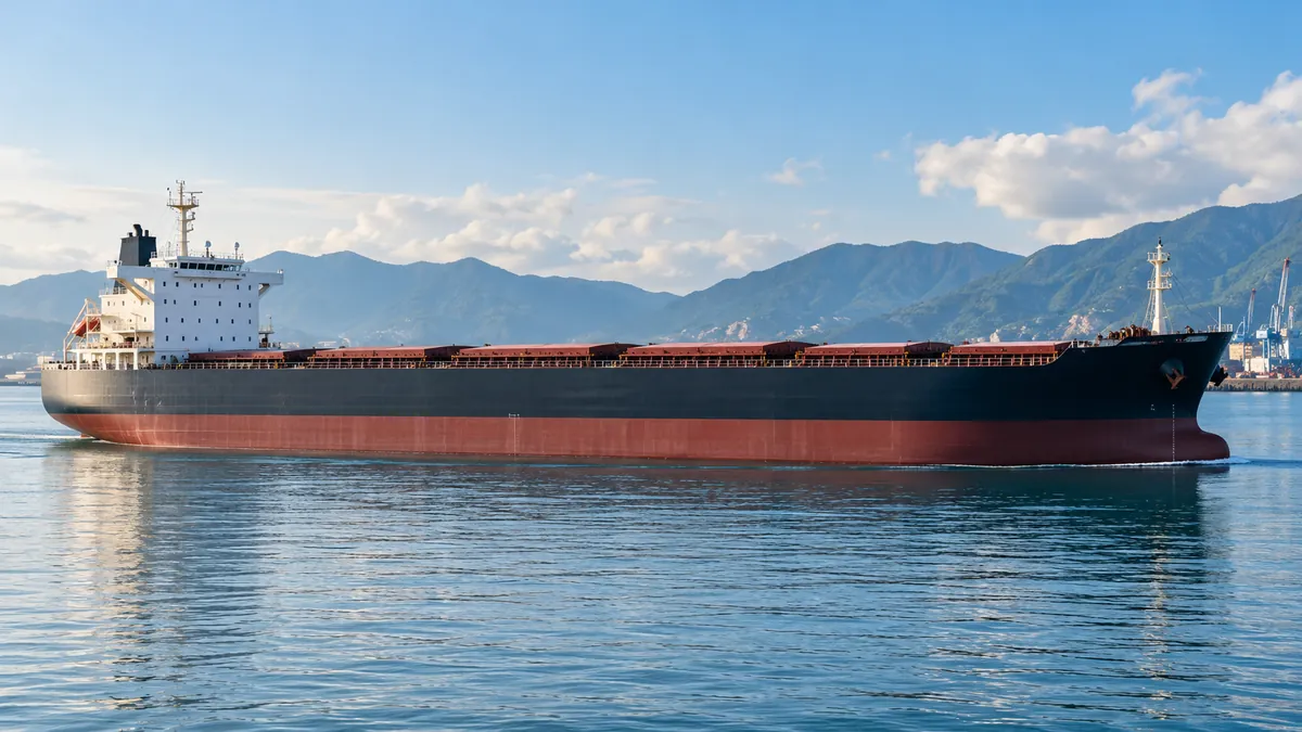 Illustration of a bulk carrier in side profile showing its hull above the waterline.