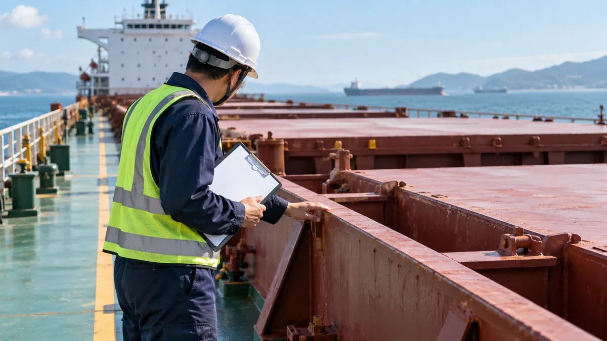 Illustration of a marine surveyor examining a bulk carrier hatch coaming.