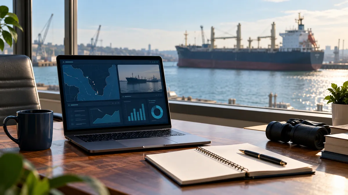 Illustration of a laptop and notebook on a desk overlooking a harbour.