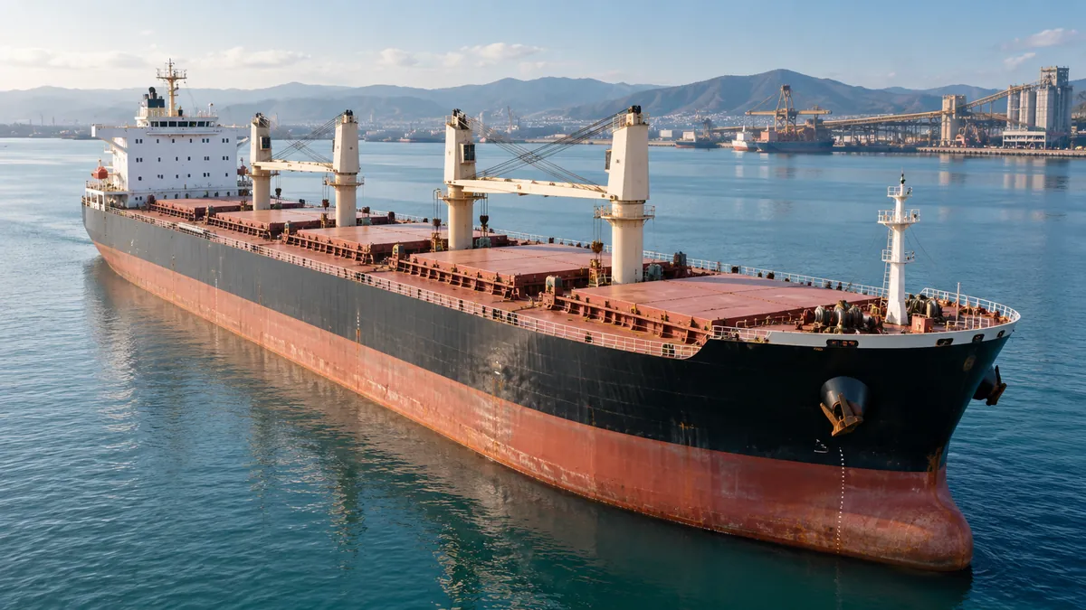 Illustration of a bulk carrier with deck cranes and closed cargo hatches in a harbour.